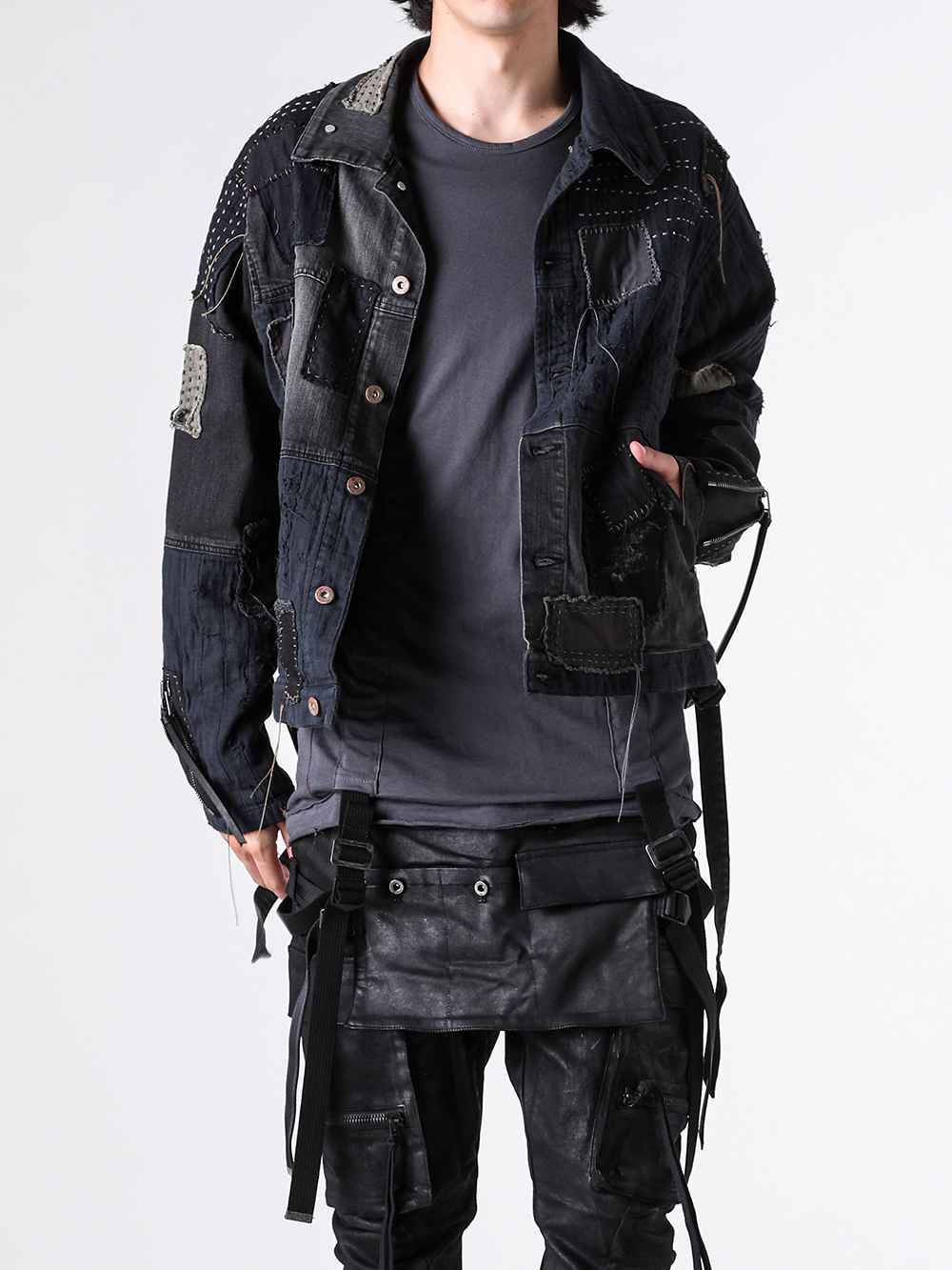 d*9様 D.HYGEN ダメージリペアストレッチデニムテーラーシャツジャケット ディーハイゲン D.HYGEN Crust Damage Repair Denim Jacket （Black