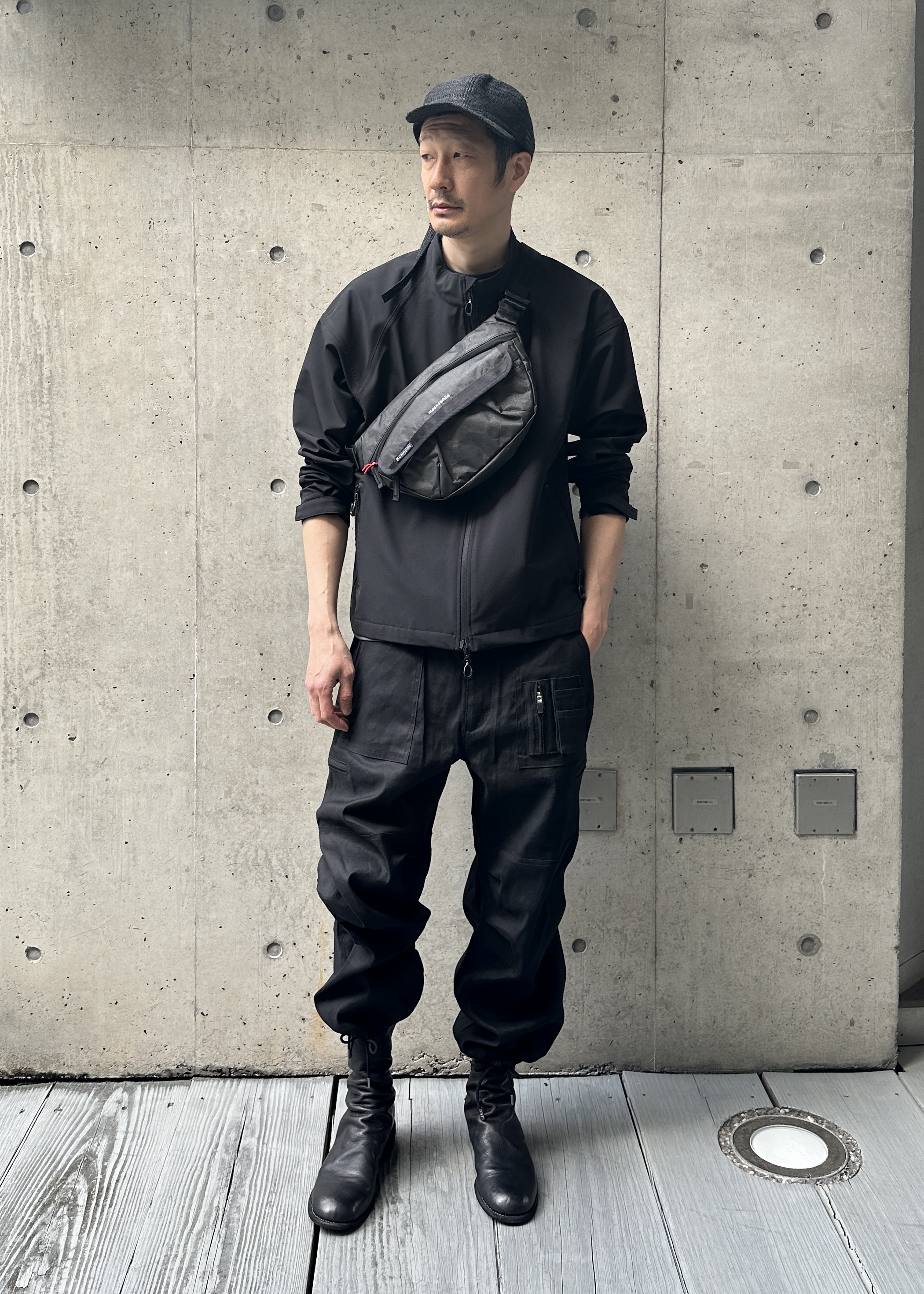 RIP VAN WINKLE ブラックブーツカットデニム カーゴフレアパンツ リップヴァンウィンクル RIPVANWINKLE Parachute Pants （Black
