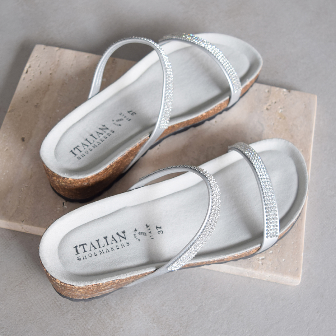 ダブルラインストーンクッションインソールサンダル （シルバー）