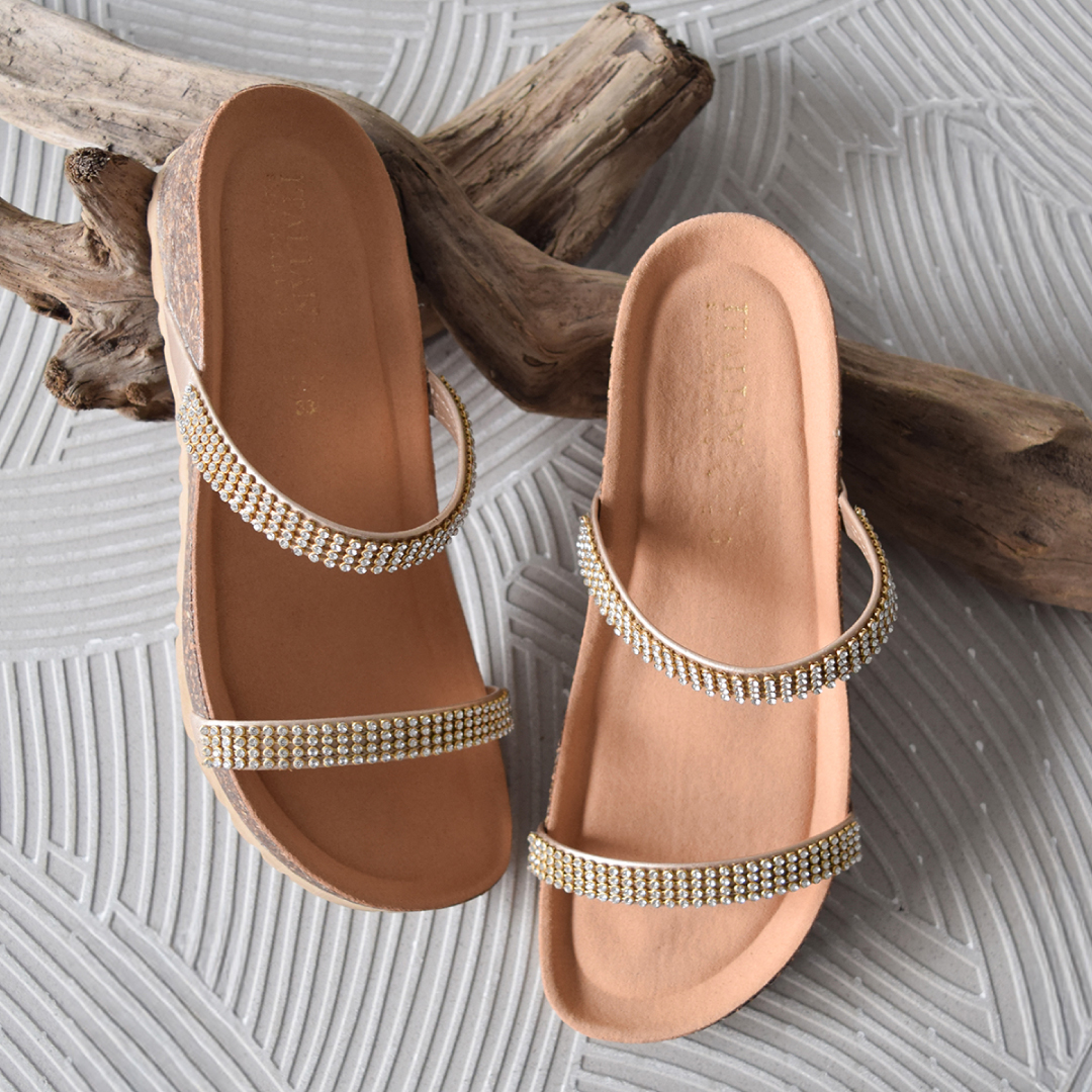 ダブルラインストーンクッションインソールサンダル （ゴールド）